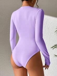 SHEIN PETITE Solid Slim Fit Spring Women Bodysuit - Violet Purple - View 2