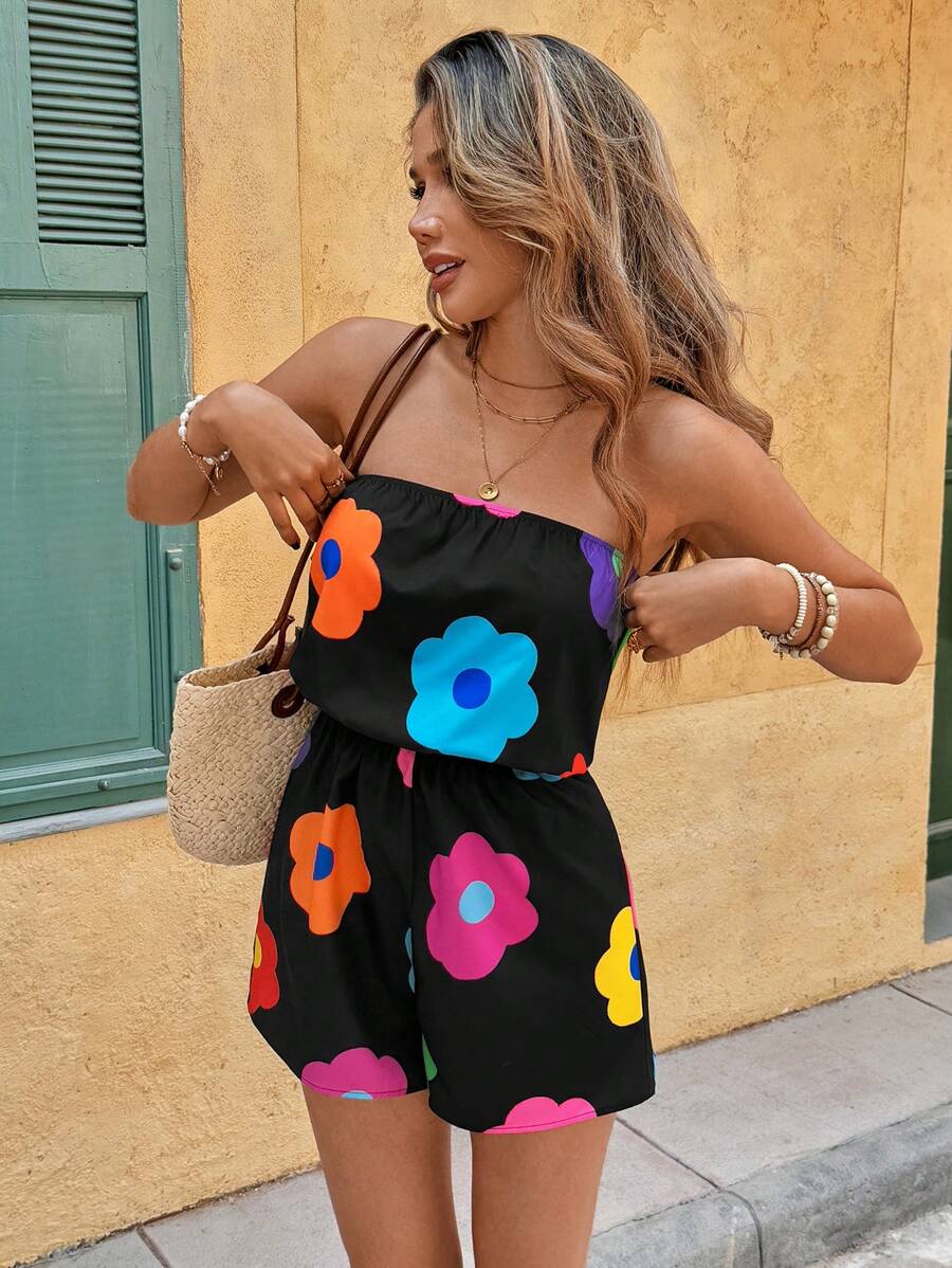 Vivid Eden 女士梭织花卉印花抹胸连体衣，梭织图案印花，女士休闲夏季度假装，波西米亚海滩度假装，波西米亚风，乡村音乐会装，节日庆典装，女士海滩装，复古风女士装，夏季太阳裙，毕业装，复古风女士装，母亲节