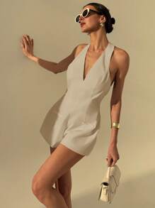 Aloruh Halter Neck Deep V Bodycon Flare Pants Jumpsuit - Khaki - View 6