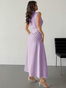 Firerie Elegant White Stand Collar Sleeveless Ruched A-Line Maxi Dress, Romantic Date & Commuting Casual Wear, Valentine's Day New Style - Violet Purple - View 3