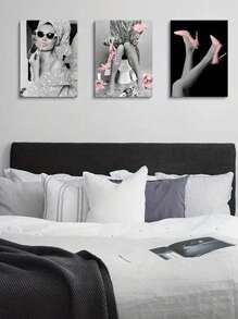 3 件套无框时尚粉色浴室墙面艺术装饰 - 现代女性图片闪亮连衣裙帆布墙面艺术，迷人粉色闪亮帆布海报，有趣的浴室艺术 - 彩色 - 查看 4