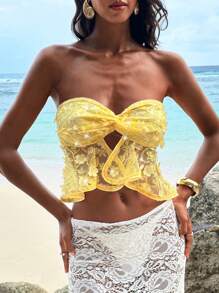 Opulessa 无袖女式抹胸上衣，带有图形装饰和扭纹剪裁设计，性感 - 黃色 - 查看 5