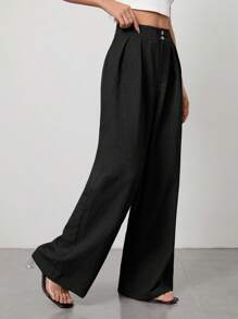 SHEIN PETITE Pantalones formales de pierna ancha y cintura alta plisados en color caqui, adecuados para vacaciones de verano - Negro - Ver 3