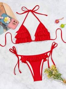 Swim Mod 2pcs/Set Women Solid Halter Triangle Bra Top And Tie Side Bottoms With Ruffle Hem Adult Swimsuit Set For Summer Beach Vacation - Red - View 3