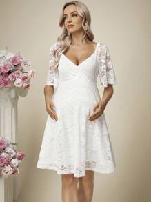 SHEIN Vestido elegante de manga raglán de encaje de contraste para maternidad - Blanco - Ver 7