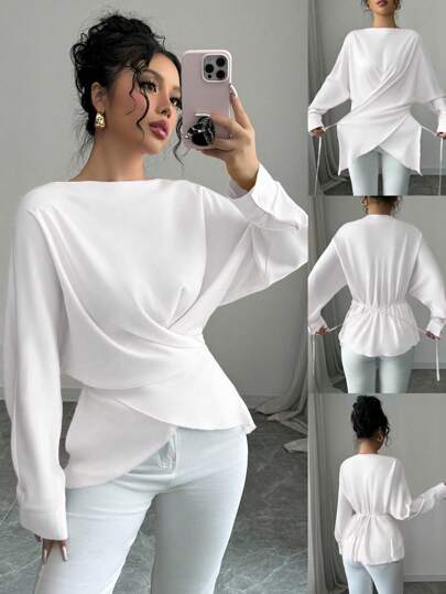 Elenzga 女士交叉系腰长袖宽松衬衫，秋冬