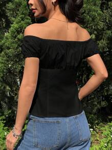 SHEIN EZwear 女士纯色荷叶边露肩时尚衬衫