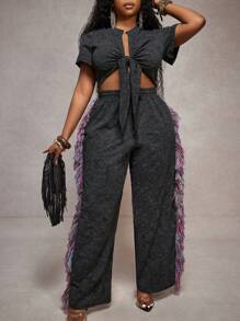 Slaydiva Conjunto de 2 piezas para mujer 2025 Nuevo, Vacaciones, Pascua, Graduación, Rave, Festival, Concierto, Fiesta de Cumpleaños, Casual Sexy: Top corto de manga corta con nudo delantero y pantalones largos holgados tipo maxi con bloques de color y flecos, Talla Grande Negro