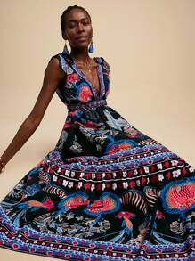 Travachic 夏季外出度假约会连衣裙，度假女士V领蝴蝶结收腰摆波西米亚风长裙，度假夏季沙滩裙，返校连衣裙，非常简约连衣裙，办公室连衣裙，老款连衣裙，教师连衣裙，约会连衣裙，外出参加婚礼季节闺蜜下午茶派对度假连衣裙，外出参加音乐节连衣裙 - 彩色 - 查看 3