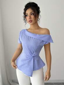 Elenzga 女士春夏斜领短袖条纹度假收腰扭纹休闲衬衫 - 藍色 - 查看 5