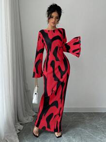 Chiquease Elegant Women's Full Print Slit Bell Sleeve Backless Dress - Red - View 5