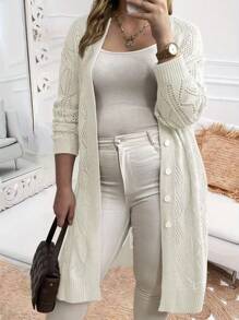 Calvaya Plus Size Women Single-Breasted Casual Loose Knit Mid-Length Cardigan - White - View 6
