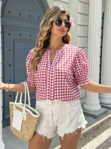 Sunspun Áo sơ mi tay bồng ngắn cổ chữ V kẻ caro cỡ lớn cho nữ - Đỏ - Xem 3