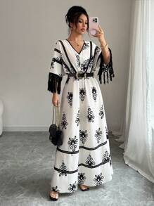 Chiquease Women's Printed Contrast Color Lace Hem Maxi Dress, Casual & Stylish, Suitable For Daily Wear, Boho Style, Vacation, Fringe, Music Festival