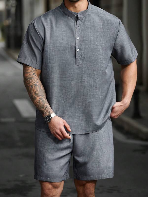 Manfinity Homme Plus Size Men's Solid Color Short Sleeve Button Up Shirt And Shorts, Casual 2 Pieces Set