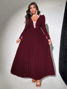 Viva Relle Plus Size Women Elegant & Romantic V-Neck Long Sleeve Pearl Decor Pleated Dress,Valentine Fall Cloth For Women - Burgundy - View 6