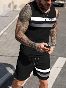 Manfinity Homme Set di gilet e pantaloncini casual da uomo in stile urban con design a righe e patchwork