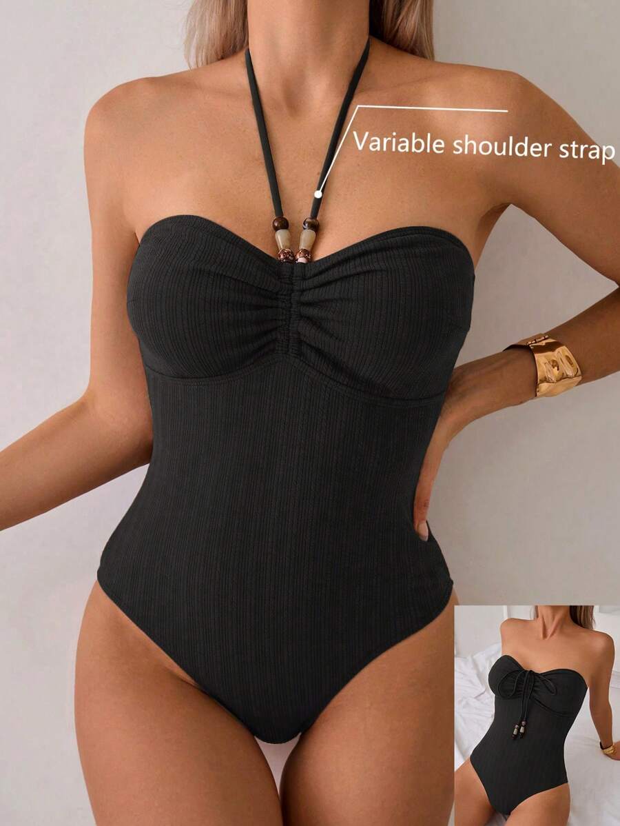 Summer Solid Color Backless Double Tunnel Drawstring Neck One Piece Swimsuit - Black - View 1