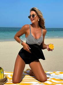 Swim Lushoire 女士两件套比基尼套装，纹理面料高腰泳裤和吊带背心，适合度假和海滩 - 黑與白 - 查看 4