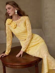 MOTF PREMIUM LACE STEREO FLORAL DRESS - Yellow - View 3