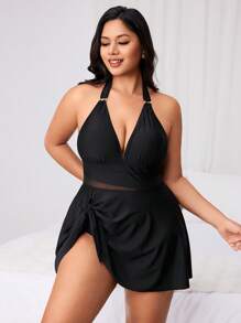 Swim Chiccia 1 Set Plus Size Women Mesh Patchwork Tankini Sets Swimdress, Black Beach Vacation Casual Swimwear For Summer - Black - View 4