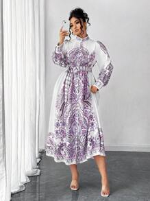 Elenzga فستان طويل بأكمام طويلة وياقة مستديرة وخطوط طباعة واسعة، فستان بوبلين طويل بأسلوب منتفخ مقاسات كبيرة للنساء، فستان أنيق - متعدد الألوان - مشاهدة 1