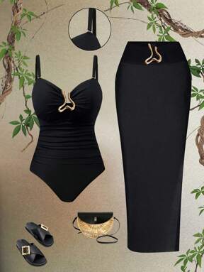 Swim Oasis Plus Size Women 2 szt. Oasis Black Hollow Out Padded Bandeau Spaghetti Strap Swimsuit Set With Black Mesh Cover-Up Skirt, High End Beachwear For Summer Holiday