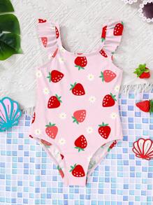 SHEIN Leap Crew Young Girl Cute Cartoon Strawberry Printed Cap Sleeve One-Piece Swimsuit, Casual Style For Spring/Summer - Multicolor - View 2