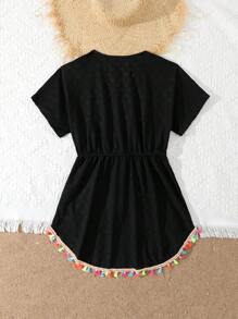 少女 V 领短袖流苏边罩衫连衣裙 - 黑色 - 查看 2