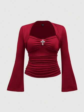 Damen Große Größen Vintage Gothic Kreuz Anhänger einfarbiges elastisches T-Shirt