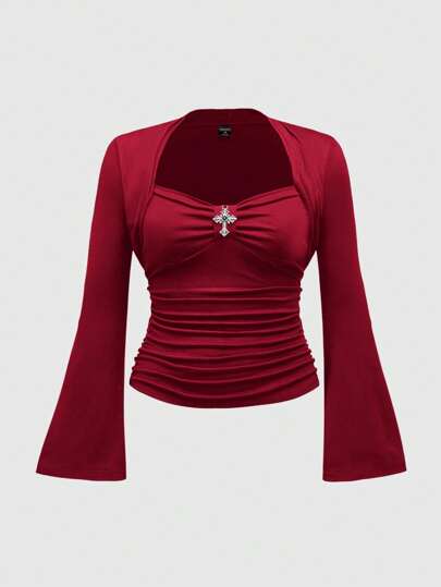 Goth Plus Size Women Vintage Gothic Cross Pendant Solid Color Elastic T-Shirt