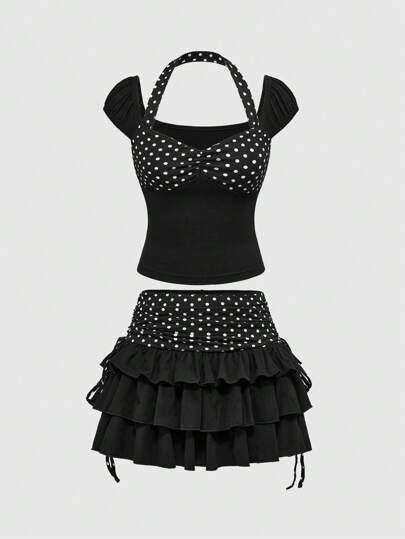 Kawaii 2 Stück Damen Sommer Set - Gepunktetes Splice enges Trägershirt und Kuchen-Saum Rock