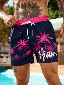 Surfspeed Men's Casual Coconut Tree Print Beach Shorts - Rose Red - View 5