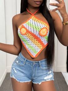 Slaydiva 2025 Nouveau Top court d'été en tricot pour femmes, style loisirs vacances, décontracté, col ras-du-cou, emmanchure en V, sans manches, rayures arc-en-ciel, décoration ronde souriante en 3D - Multicolore - Voir 1