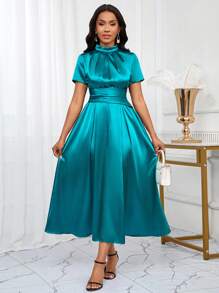 SHEIN Lady 春夏秋冬优雅端庄派对婚礼酒会音乐会/音乐节圣诞节绿色梭织缎立领梭织A字加大码连衣裙 - 水鴨藍 - 查看 6