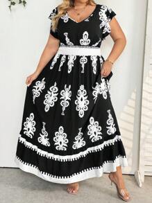 SHEIN CURVE+ Vestido casual de vacaciones con cuello en V, volantes, mangas tapón, cintura con cordón y dobladillo con volantes en forma de A, para mujer talla grande. Atuendo para la playa/Vestido de playa/Atuendos de vacaciones en la playa/Esenciales de playa/Graduación/Vestido para té