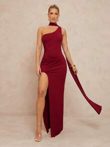 Lumalex Burgundy Summer Elegant Dinner Dress,Women's Satin Extra Long Solid Color Oblique Shoulder Asymmetrical Simple Wedding Banquet Party Seaside Gown - Burgundy - View 5