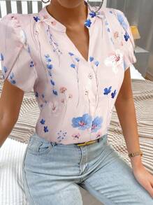 SHEIN Privé 女士优雅花卉印花 V 领荷叶边袖皱褶衬衫，适合夏季、度假和日常穿着