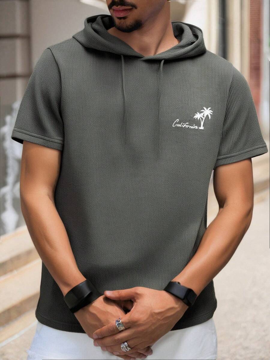 RueChic Men Waffle Fabric Letter Printed Regular Summer Short Sleeve Hoodie - Army Green - View 1