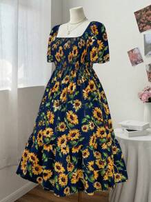 Flirla 大码女式荷叶边袖向日葵印花连衣裙，优雅适合度假、海滩、夏季 - 藏蓝色 - 查看 4