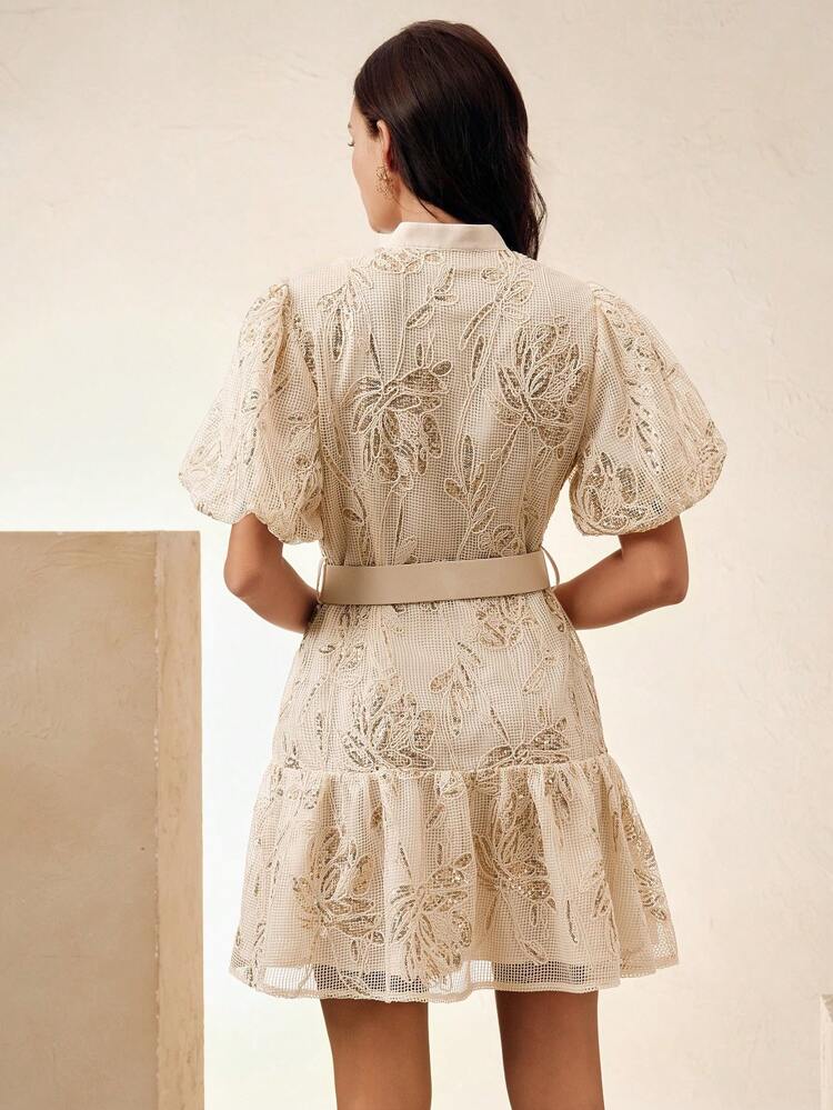 Women's Apricot Casual Summer Dress With Puff Sleeves, Half Sleeve Midi Dress With Waist Belt, Relaxed Vacation Style