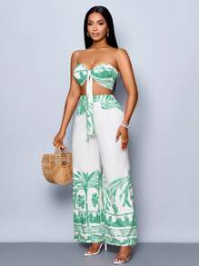 SOLERSUN Summer Women's Clothing, Casual Vacation, White Background Orange Flowers, Sleeveless Tube Top, Front Center Tie, Back Pleated Top, Loose Wide-Leg Pants Suit, Woven Two Pieces Suit