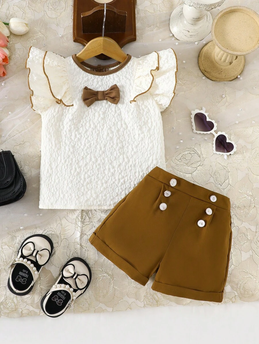 2 Pieces Baby Girl Casual Cute Ruffle Bow Textured Fabric Top And Pants Set - Apricot - View 1