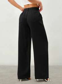 SHEIN PETITE Women's Tie-Front Trousers With Pockets Festival - Black - View 2