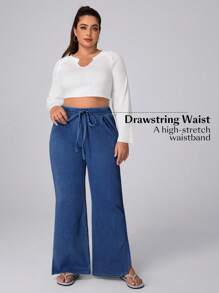 SHEIN Unity Pantalones vaqueros anchos con cintura elástica y cordón para mujer talla grande, para otoño y festivales - Azul - Ver 4
