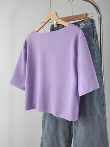 大码女式迷人休闲V领荷叶边蝴蝶结短袖T恤，母女装（2件分开出售） - 紫色 - 查看 2