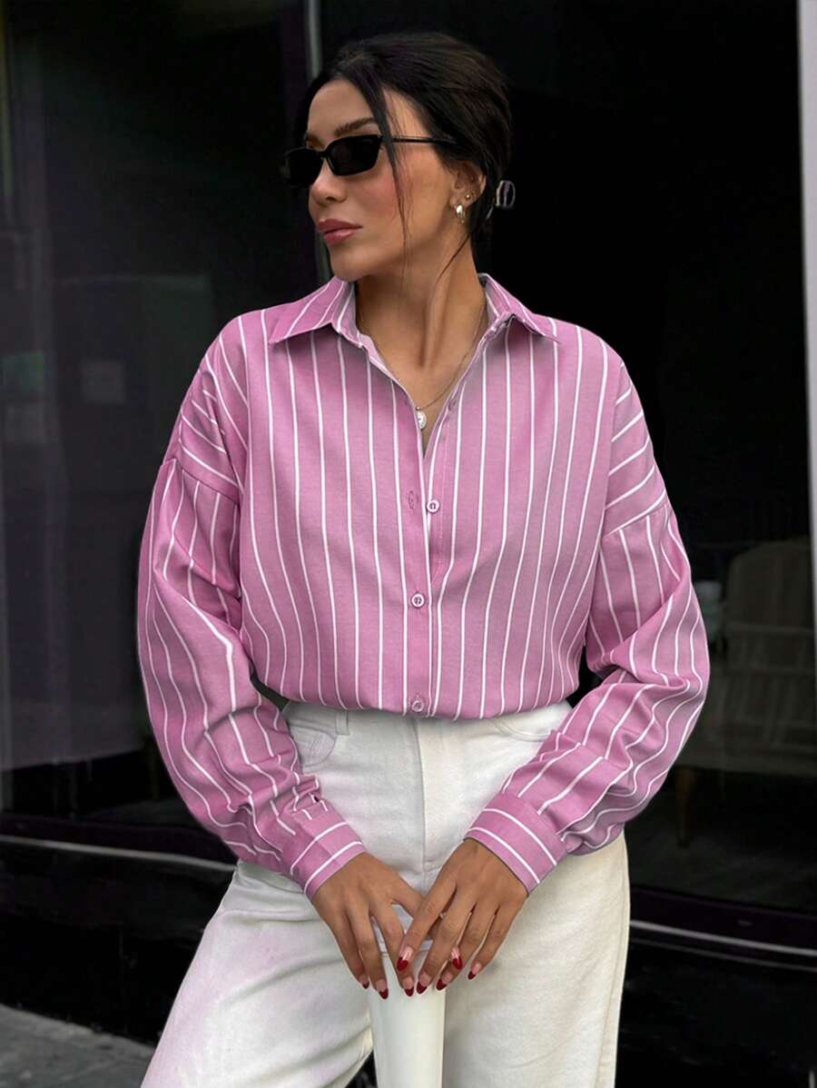 EURMUSE WOMAN BLUE AND WHITE LINED POPLIN BLOUSE - Pink - View 1