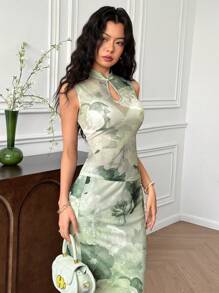 EastFlair Conjunto de 2 piezas de top transparente de mujer con estampado floral elegante y falda, para verano