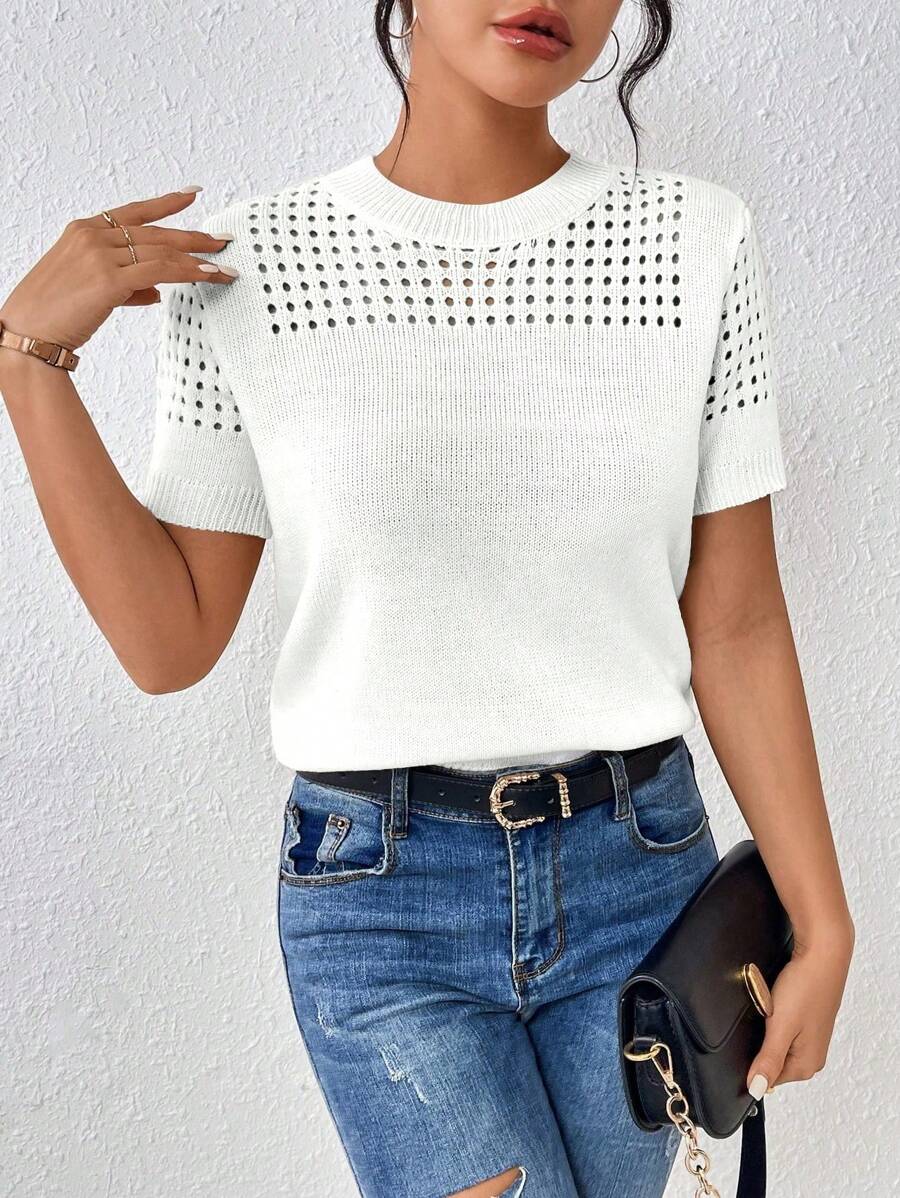 EMERY ROSE Women's Round-Neck Solid Color Short-Sleeved Knitted Top For Summer For New Year Clothes - White - View 1