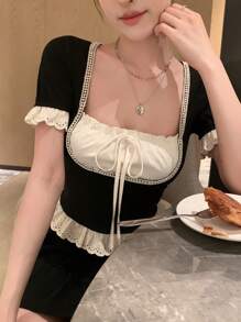 DAZY Nouveau T-shirt décontracté d'été pour femmes 2 en 1 pour la remise des diplômes, hauts à volants mignons